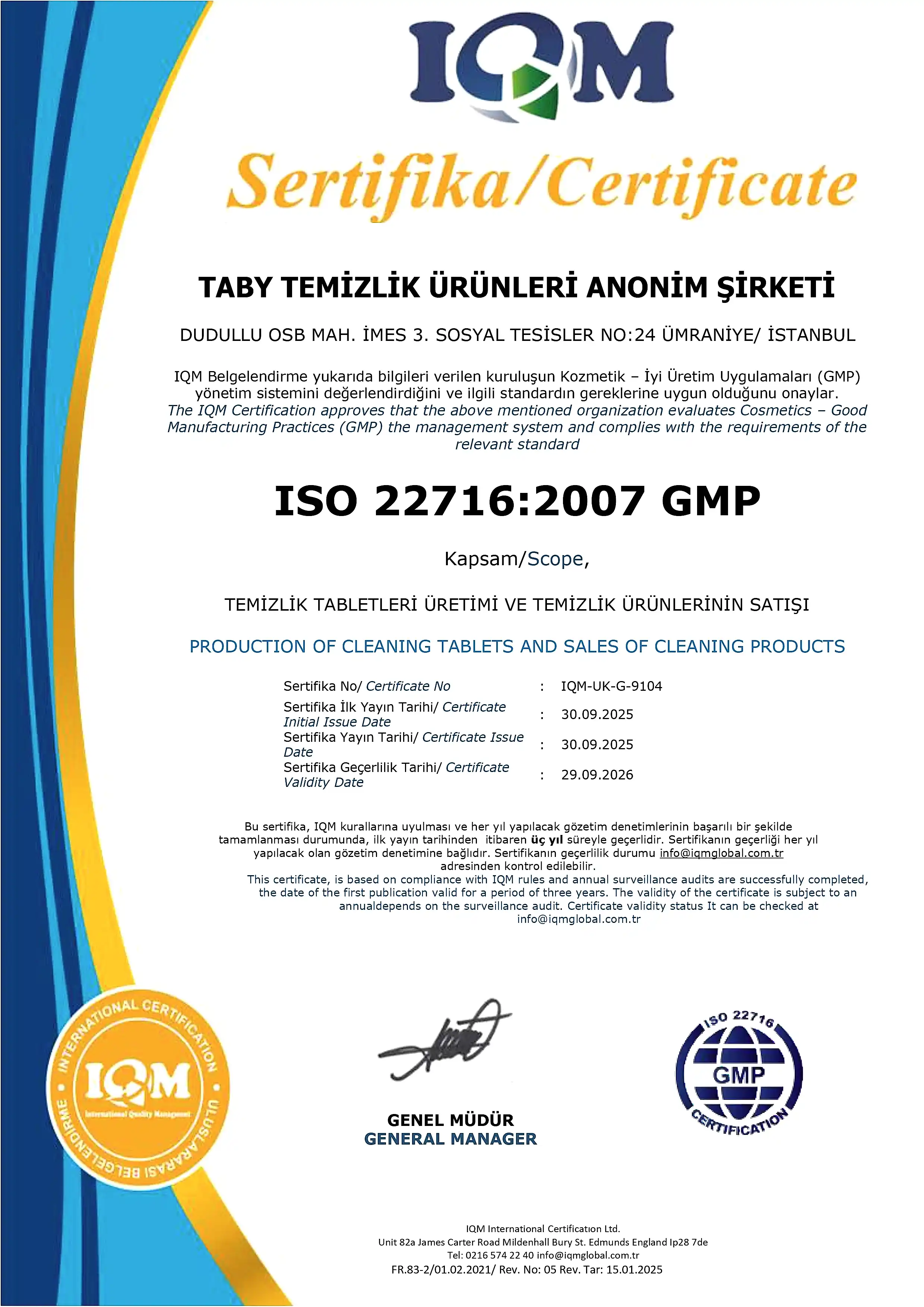 ISO 22716:2007 GMP Sertifikası - Kapak